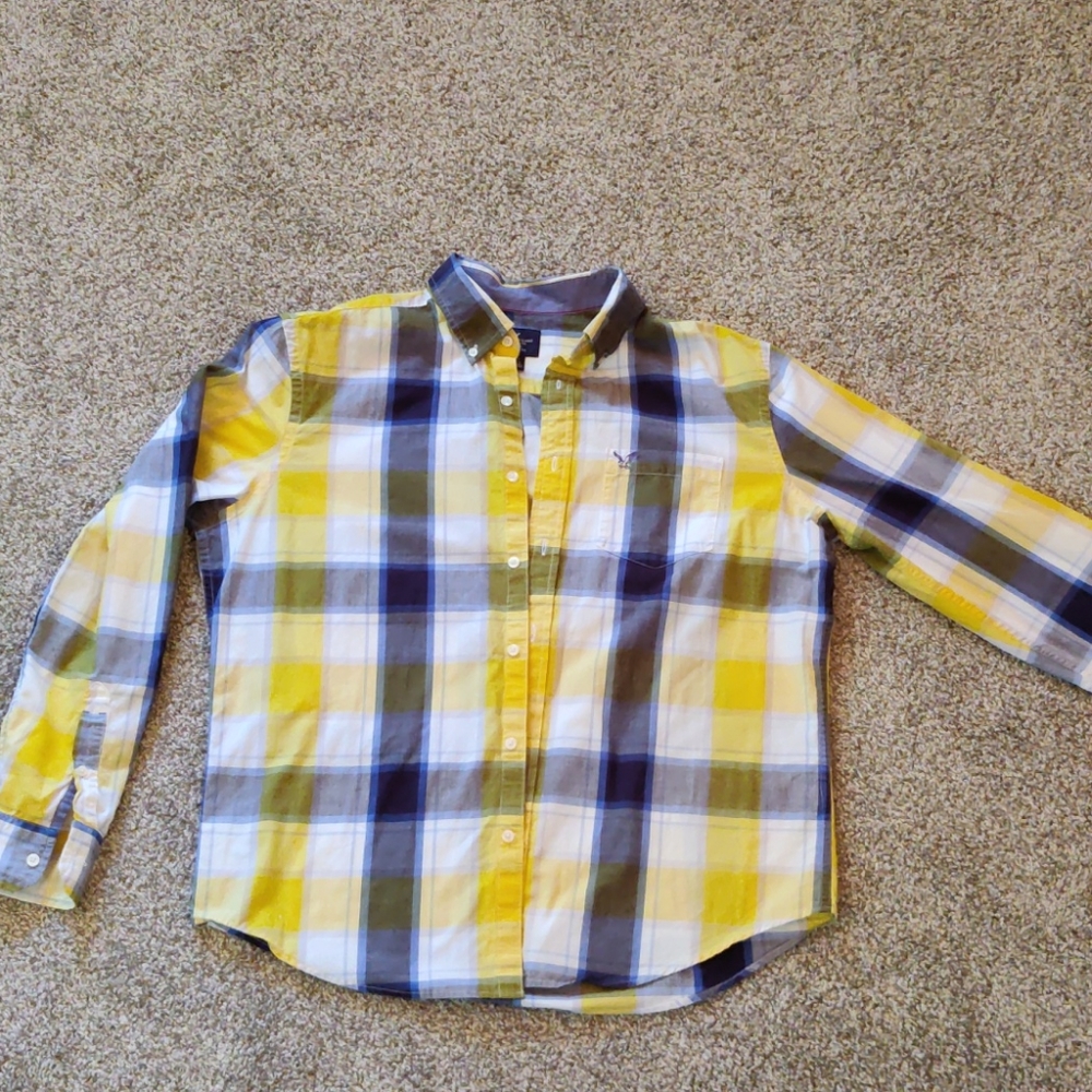 Long Sleeve Plaid Button-Up Shirt (Yellow)